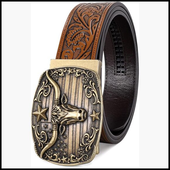Leather Cowboy Ratchet Belt with Automatic Western Buckle main image 6